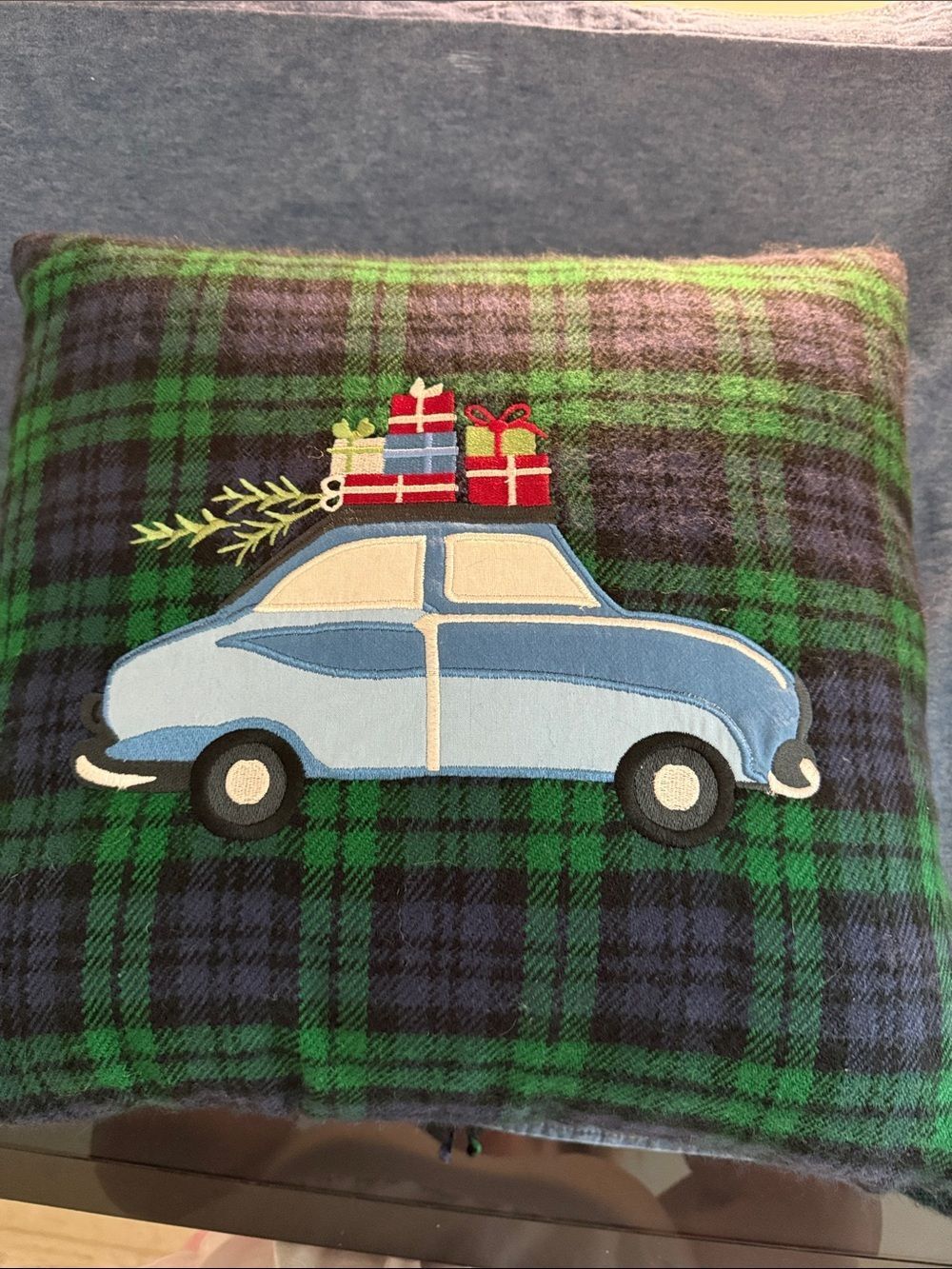 Talbots Holiday Plaid Pillow with Blue Car and Gifts - Home Holiday